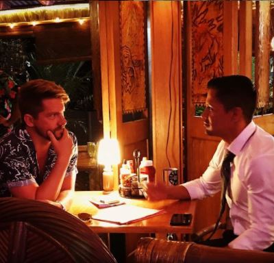 Betsy Phillips's husband Zachary Knighton with his Magnum P.I. co-star Jay Hernandez